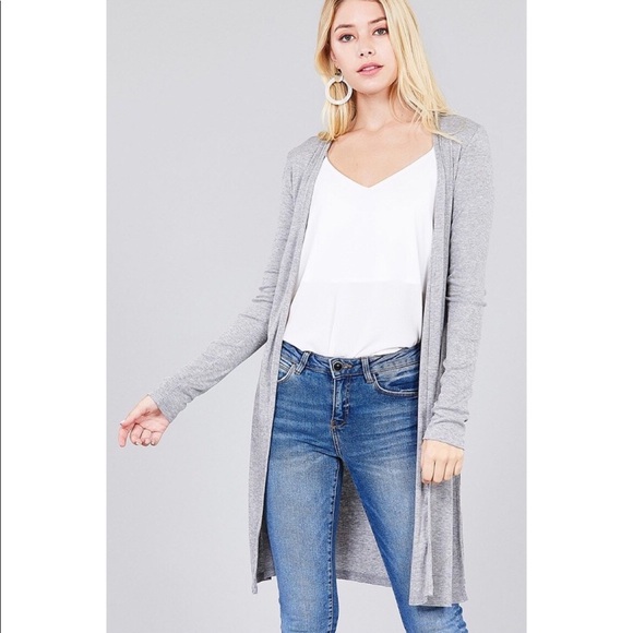 ARIA Grey Ribbed Side Slit Cardigan Sweater - Picture 4 of 7